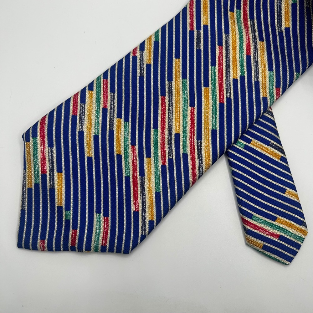 Missoni Cravatte Silk Tie Blue White Striped Multi Color Geometric Made in Spain